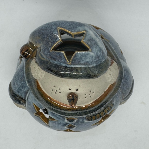 Ceramic Blue Holiday Snowman Tea Light Candle Holder with Star Cut Outs - Picture 6 of 8